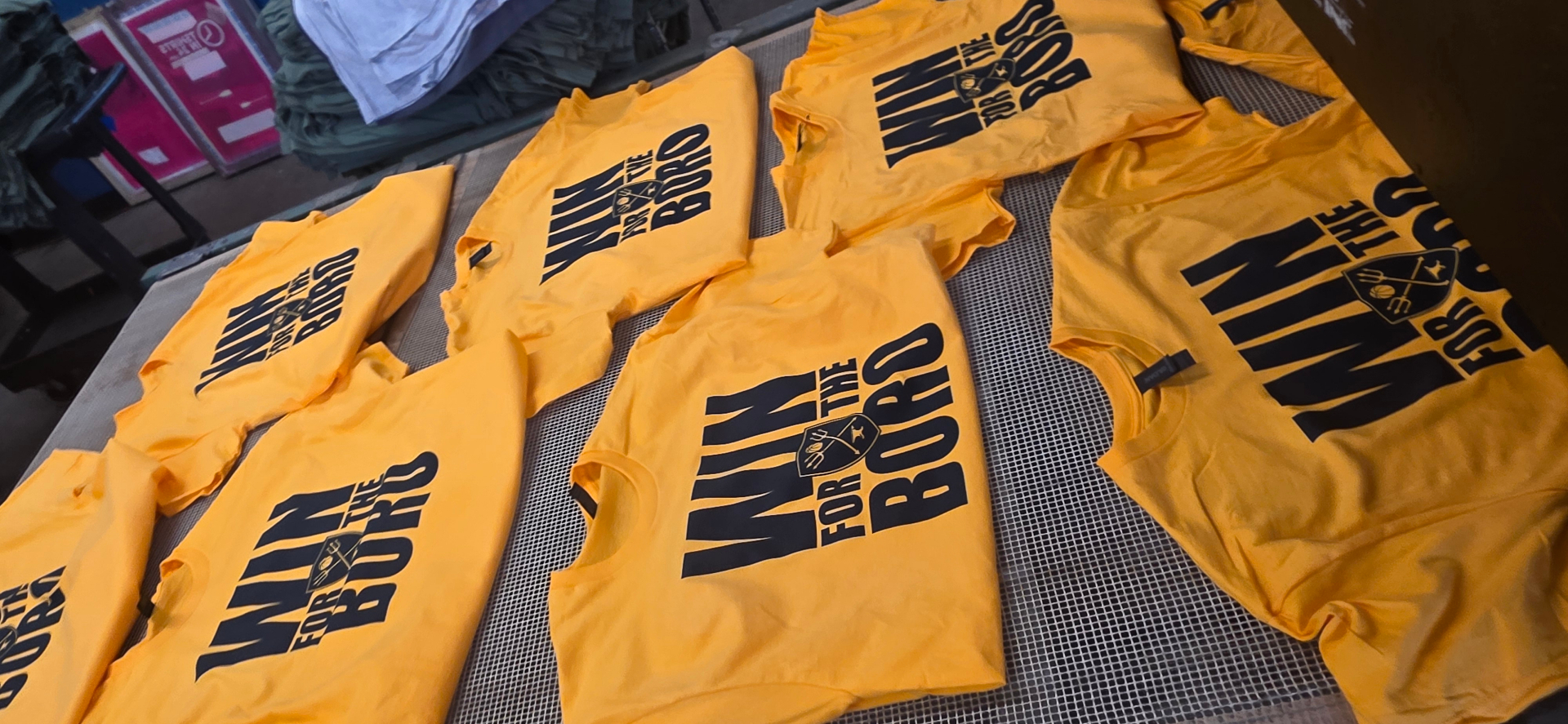 Fundraising campaign shirts — Win For The Boro yellow tees printed by T Shirts in 24